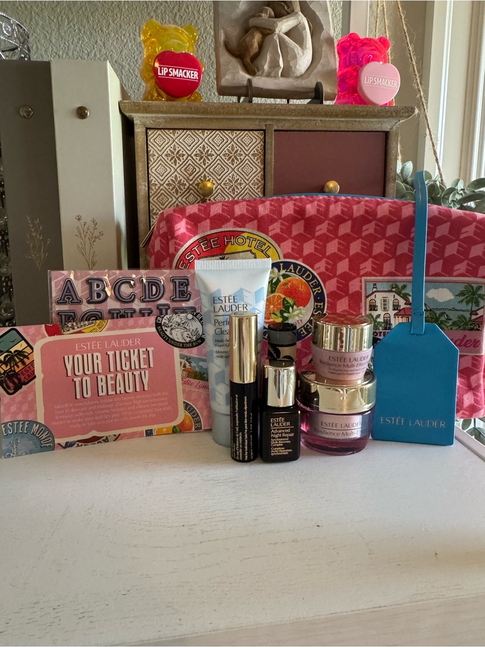 Estee Lauder Pink Travel Makeup Pouch with Skincare & Minis